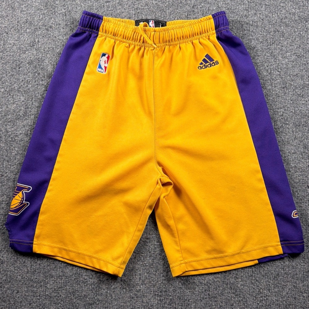 Adidas Basketball Shorts Kids Large 14/16 Yellow Purple LA Lakers NBA Authentics